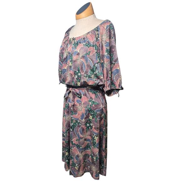 Vtg 1970s Dusty Purple Floral Gathered Sleeve Blouson Top Knee Length Dress 12 - Picture 1 of 5